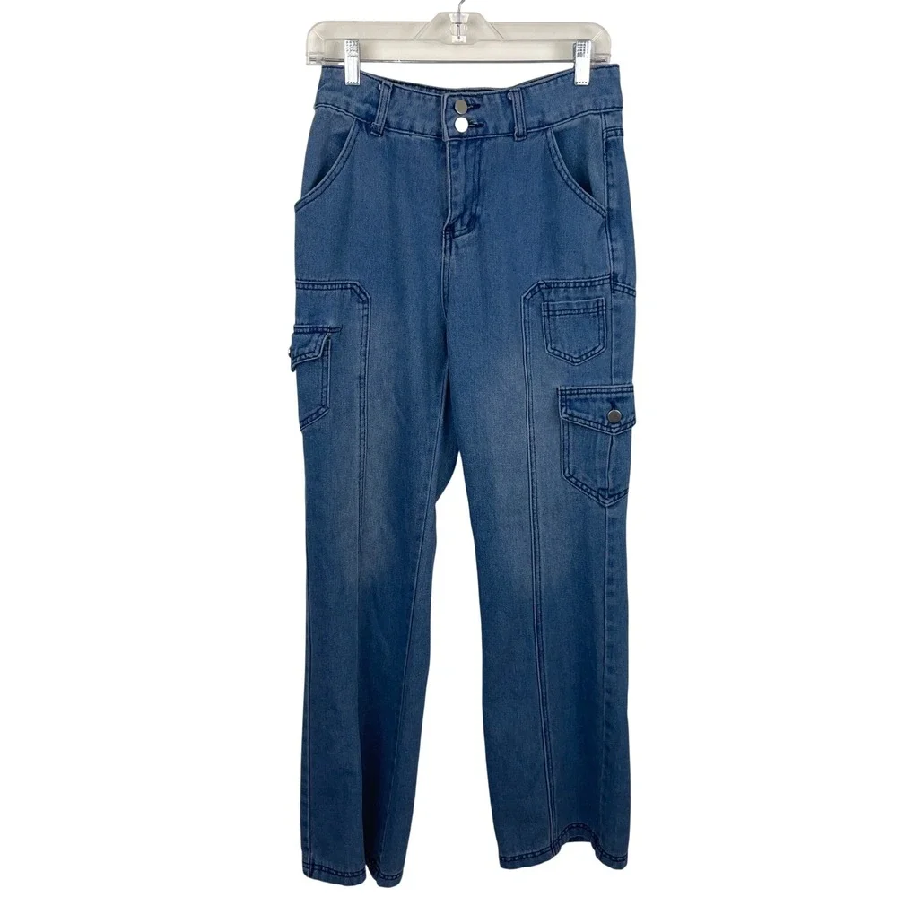 Womens Blue‎ Denim Cargo Pants High Rise Straight Leg Size L